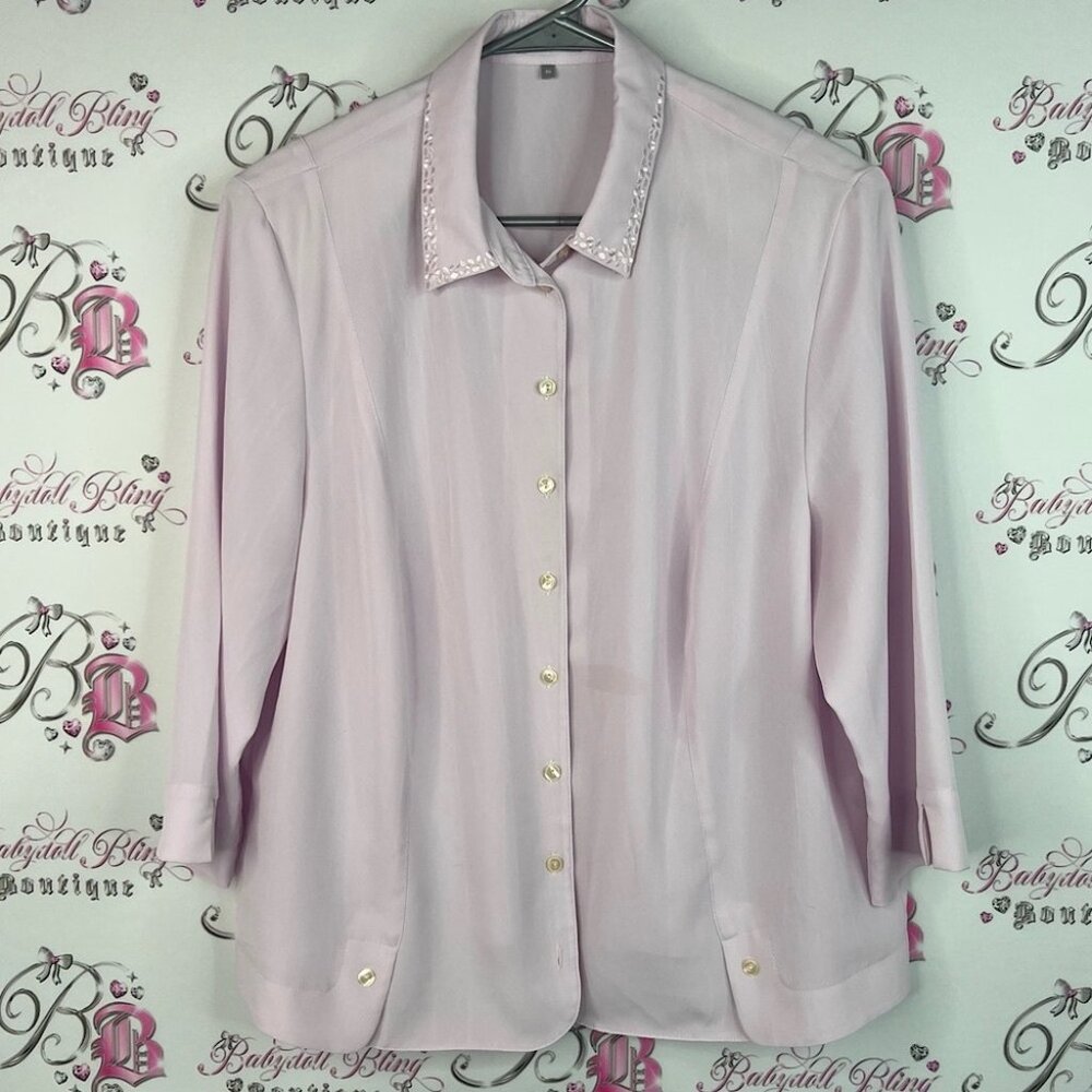Erfo button down sequins pink light purple shiny Elegant Women's Pink Blouse
